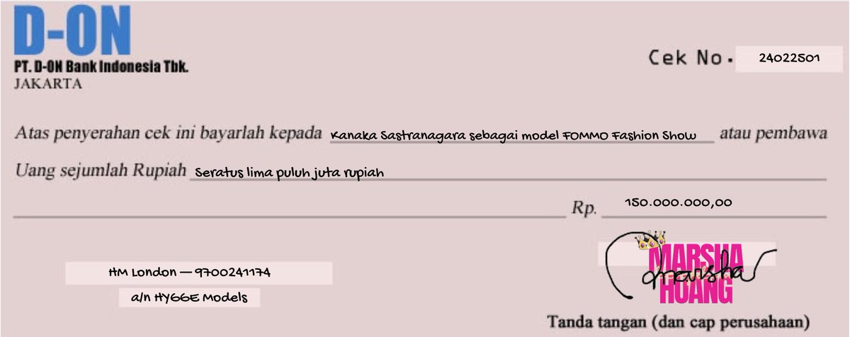 Dear HYGGE Models and Ms. Kanaka Sastranagara,

Thank you for your willingness to support our masterpiece in 'FOMMO' fashion show. 

Keep your good spirit to show the best performance. 

Best regards,
MHK Fashion House

🖇️ Model_Kanaka_Payment. pdf