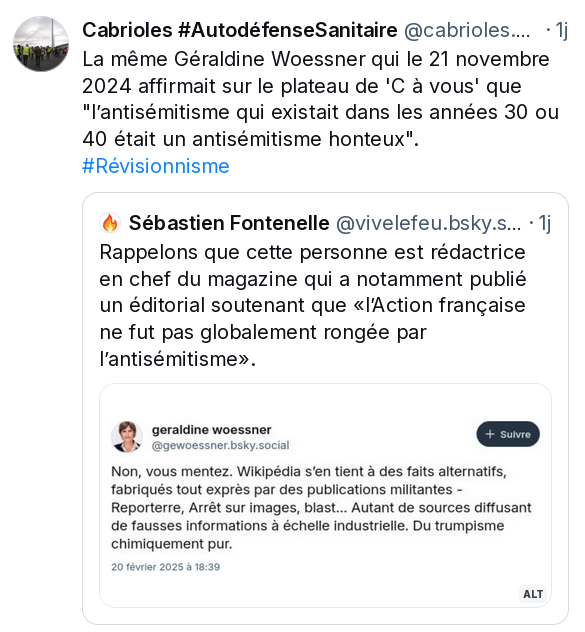 CabriolesDouze's tweet photo. @AlexSamTG C'est quel niveau d'extrême-droite un magazine dont la rédac chef relativise l'antisémitisme génocidaire "des années 30 ou 40" ? On ne se souvient pas avoir vu ton concernement à géométrique variable pour l'antisémitisme débunker son négationnisme.
https://t.co/TIRiLVBI9o https://t.co/rDU5pEotJ5