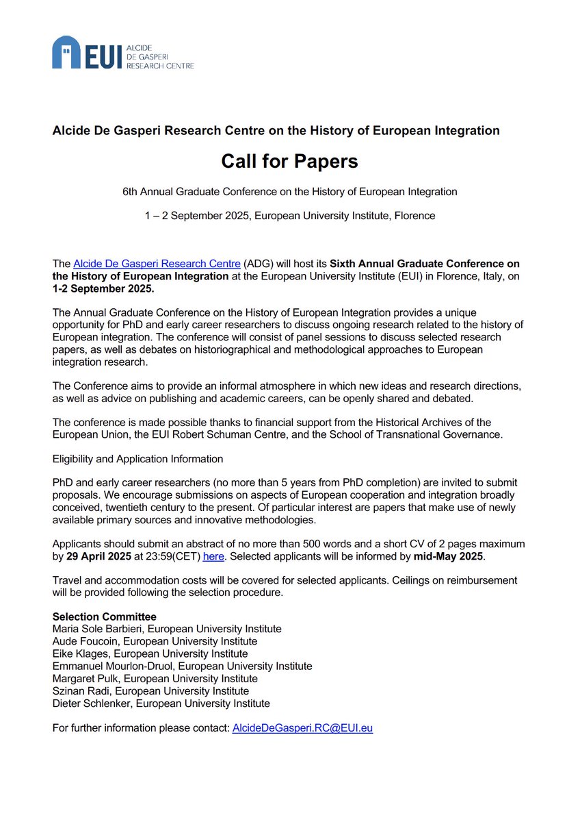 EUI_HistArchEU's tweet image. 💬 Do you need fresh, constructive feedback on your research?
🌐 Looking to grow your network?
💡Apply to the Annual Graduate Conference on the History of European Integration!
📄 Read more and submit your proposal by 29 April: loom.ly/mp6EWH8
#CFA #PhDresearch #phd