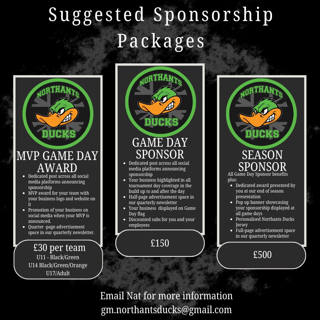 Northants Ducks Flag American Football club are seeing sponsors in #northamptonshire to support us for the upcoming season. Please share 🦆 🏈 🖤 
#sponsorus #sport #youthsport #northampton #flagfootball