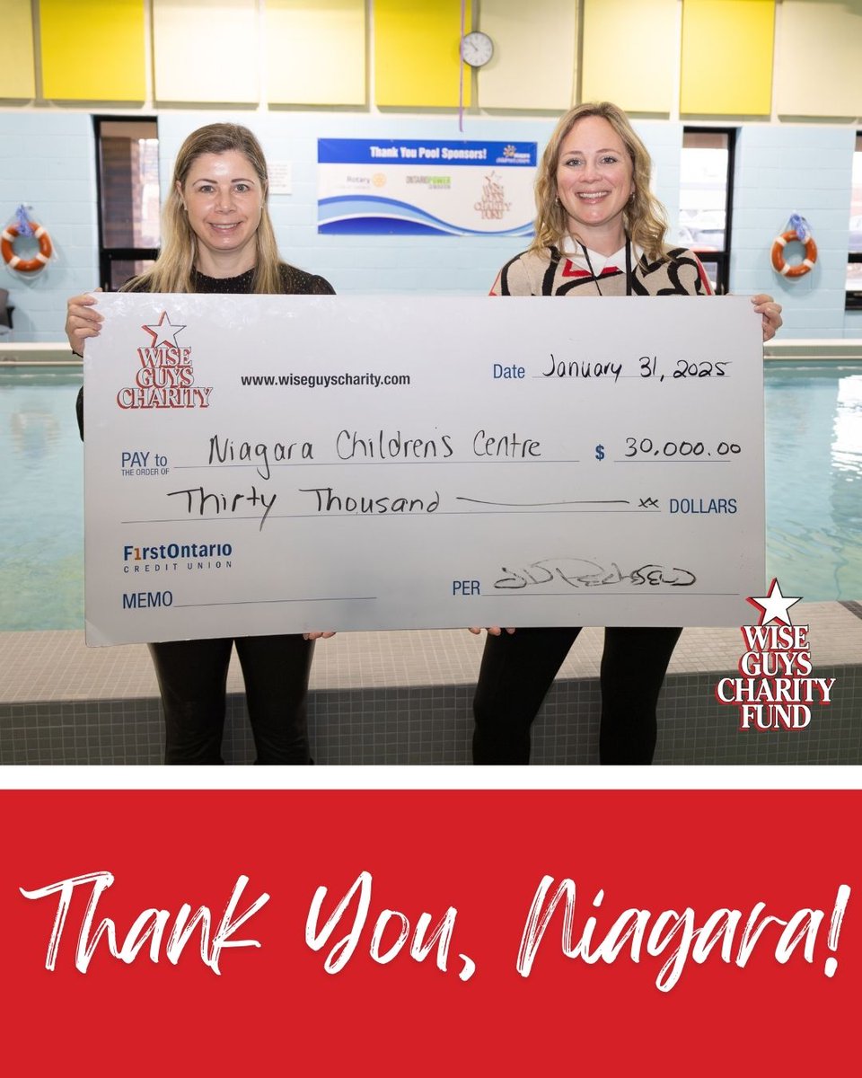 The Wise Guys Charity Fund is delighted to present a first installment grant cheque for $10,000 to Niagara Children’s Centre for a total of $30,000 towards their therapeutic pool swim program for children with special needs!

 #NiagaraChildrensCentre  #communitysupport