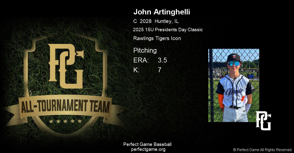 John Artinghelli (@jartinghelli17) on Twitter photo Had the opportunity to play in the <a href="/Pg_Nevada/">Perfect Game Nevada</a> Presidents Day Classic Tournament in Las Vegas last weekend and was just notified I made the All Tournament Team for both Hitting & Pitching. Looking forward to HS baseball tryouts! <a href="/NationalTigers/">Rawlings Tigers National Team Program</a> <a href="/huntley_bball/">Huntley HS Baseball</a> <a href="/RecruitTigers/">Rawlings Tigers National Recruiting</a> Had the opportunity to play in the <a href="/Pg_Nevada/">Perfect Game Nevada</a> Presidents Day Classic Tournament in Las Vegas last weekend and was just notified I made the All Tournament Team for both Hitting & Pitching. Looking forward to HS baseball tryouts! <a href="/NationalTigers/">Rawlings Tigers National Team Program</a> <a href="/huntley_bball/">Huntley HS Baseball</a> <a href="/RecruitTigers/">Rawlings Tigers National Recruiting</a>