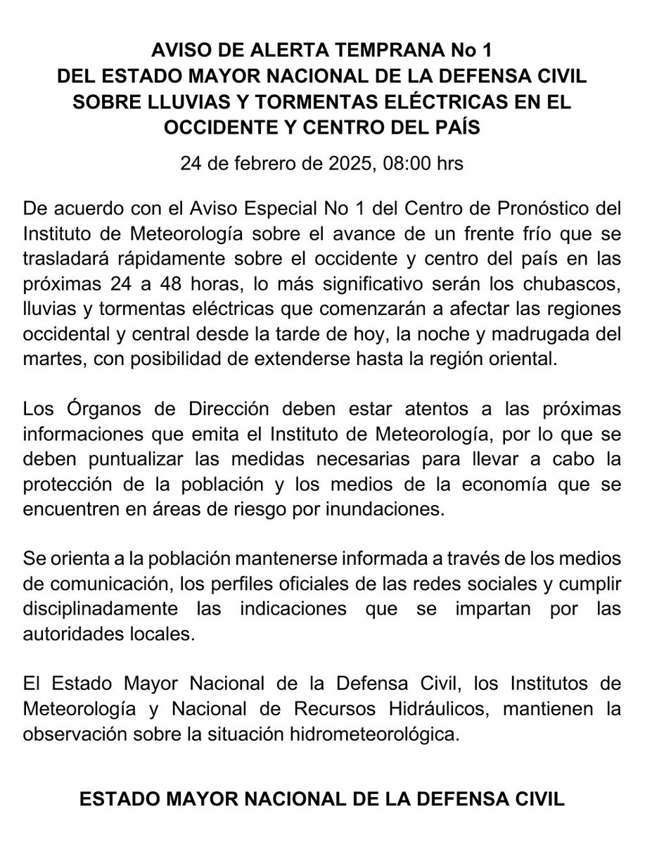 #Cuba ‼️ATENCIÓN ‼️
Se emite Aviso de Alerta Temprana