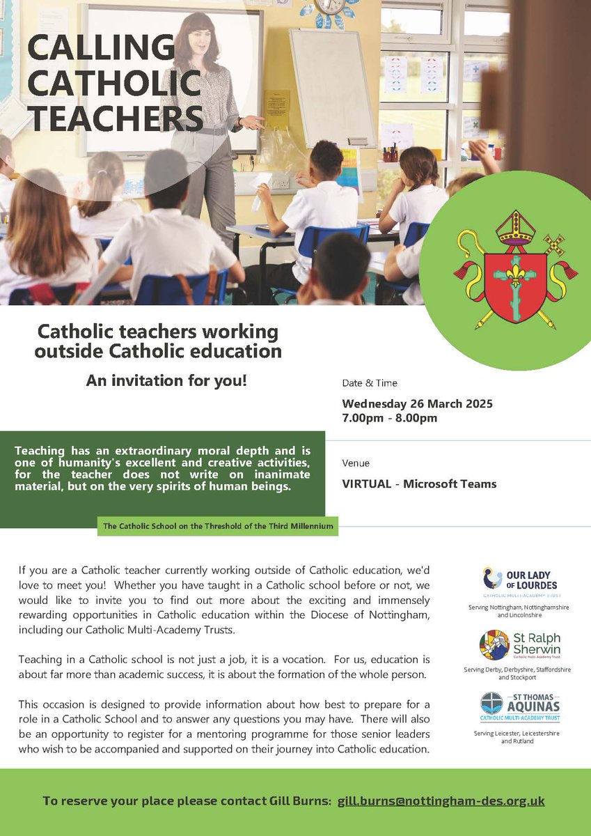 📣 Calling Catholic teachers 📣 

If you are a Catholic teacher currently working outside of Catholic education, we'd love to meet you! 

Please come along to a virtual event which is being held on Wednesday, March 26th from 7-8pm. All of the details are below ⬇️