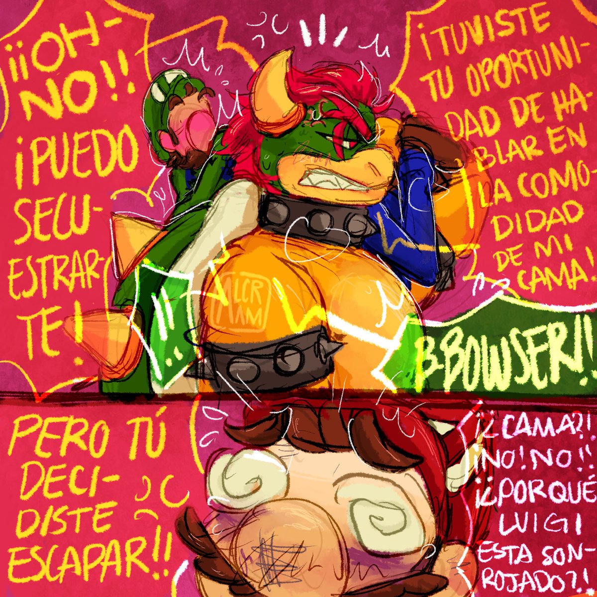 Alcram_art's tweet photo. Cap 6: ¡NO! ¡¡NO WAY!!
Parte ( 4 / 5 ) #bowigui #bowserxluigi #luigixbowser
¿En serio Luigi? Bowser está algo molesto de tener que explicarse ¡Claro que puede secuestrarte! ¡Escapando así básicamente lo pediste! Mario solo está entrando en pánico con lo que está escuchando haha https://t.co/HPAWDfKJ8m