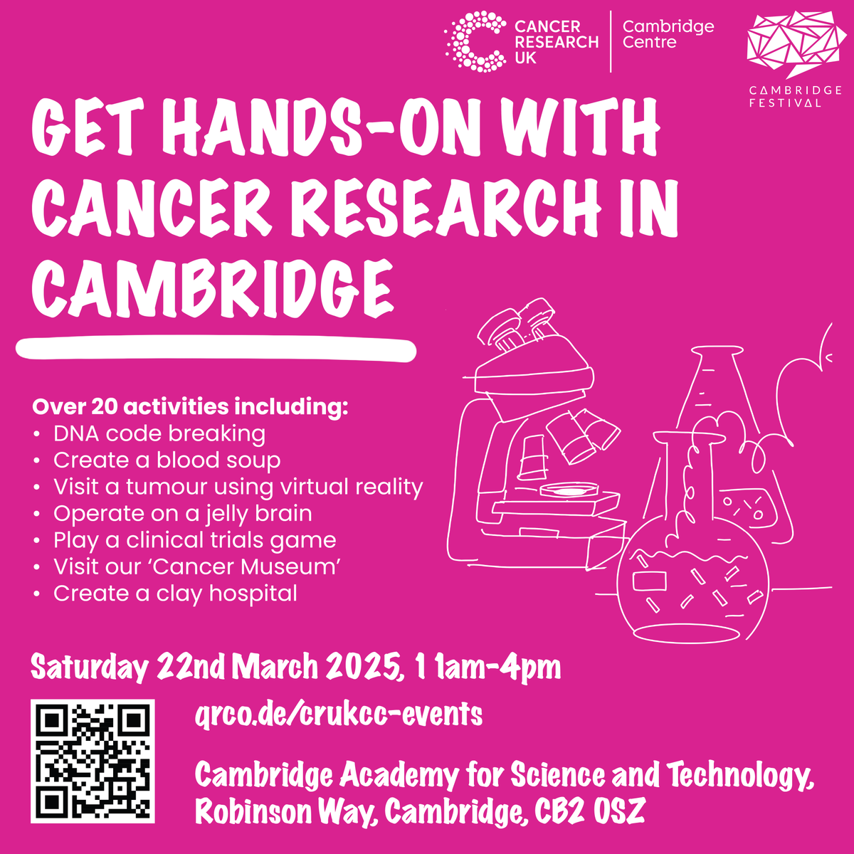 CRUK Cambridge Centre (@crukcamcentre) on Twitter photo We are excited to announce our <a href="/Cambridge_Fest/">Cambridge Festival</a> ‘Get hands-on with cancer research in Cambridge’ activities! 🙌 Join us on Sat 22 March, 11am-4pm, at <a href="/CAST_Education/">Cambridge Academy for Science and Technology</a>. 🧠🔬🧪🧬
Turn up on the day for lots of fun activities 👉 zurl.co/dLSQR <a href="/CUHArtsNHS/">CUH Arts</a> <a href="/CambCancer/">Cambridge Cancer Research Hospital</a> We are excited to announce our <a href="/Cambridge_Fest/">Cambridge Festival</a> ‘Get hands-on with cancer research in Cambridge’ activities! 🙌 Join us on Sat 22 March, 11am-4pm, at <a href="/CAST_Education/">Cambridge Academy for Science and Technology</a>. 🧠🔬🧪🧬
Turn up on the day for lots of fun activities 👉 zurl.co/dLSQR <a href="/CUHArtsNHS/">CUH Arts</a> <a href="/CambCancer/">Cambridge Cancer Research Hospital</a>