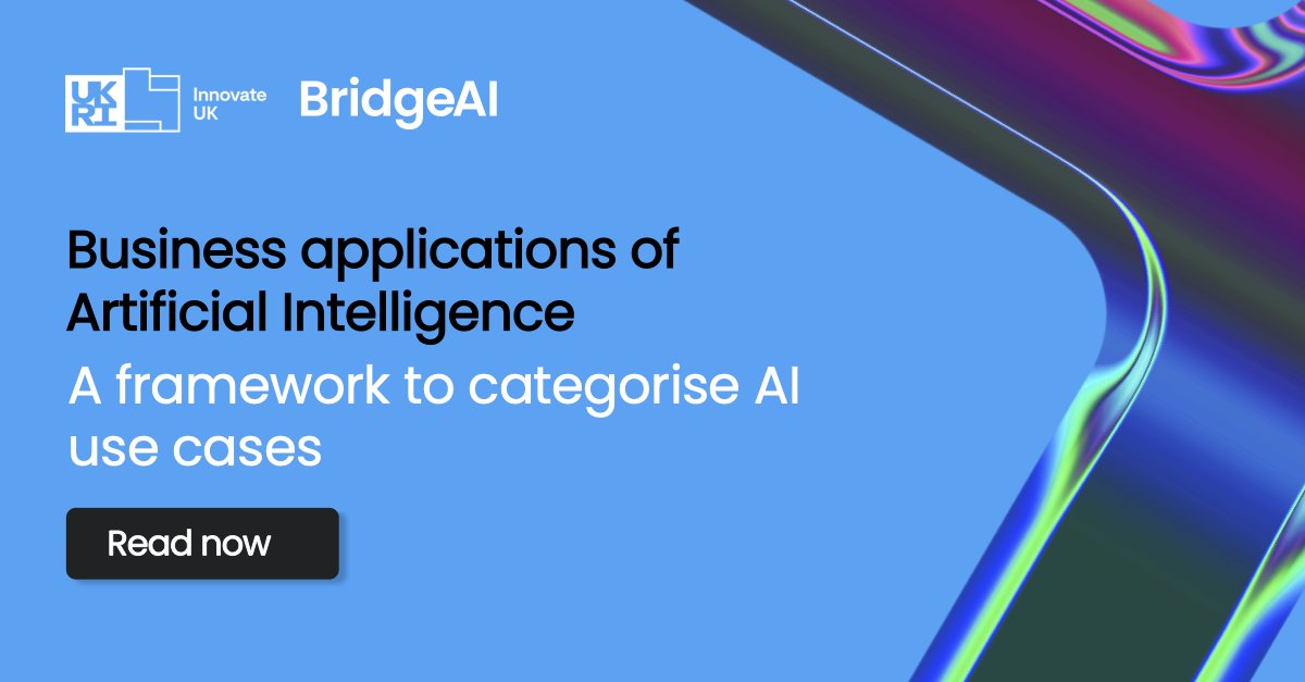 Innovate UK Business Connect (@iuk_connect) on Twitter photo 📢 Introducing ‘Business applications of Artificial Intelligence - A framework to categorise AI use cases’ from <a href="/turinginst/">The Alan Turing Institute</a>.
A new tool to help organisations on their AI adoption journey, as part of @InnovateUK #BridgeAI programme.
🔗 ow.ly/RIG450V2VPP
#AI #Innovation 📢 Introducing ‘Business applications of Artificial Intelligence - A framework to categorise AI use cases’ from <a href="/turinginst/">The Alan Turing Institute</a>.
A new tool to help organisations on their AI adoption journey, as part of @InnovateUK #BridgeAI programme.
🔗 ow.ly/RIG450V2VPP
#AI #Innovation