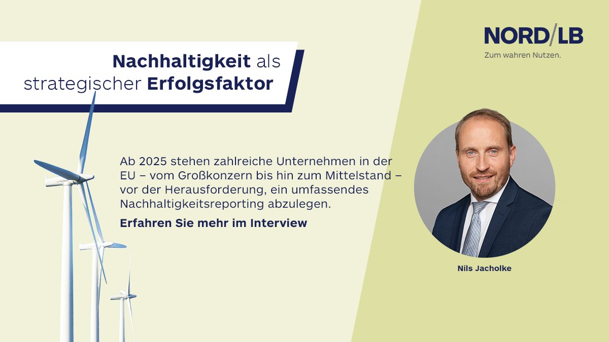 Ab 2025 wird Nachhaltigkeitsreporting Pflicht. NORD/LB-Experte Nils Jacholke erklärt, wie unser ESG Advisory Unternehmen strategisch unterstützt. Hier gehts zum Report: nordlb.de/unsere-kunden-…