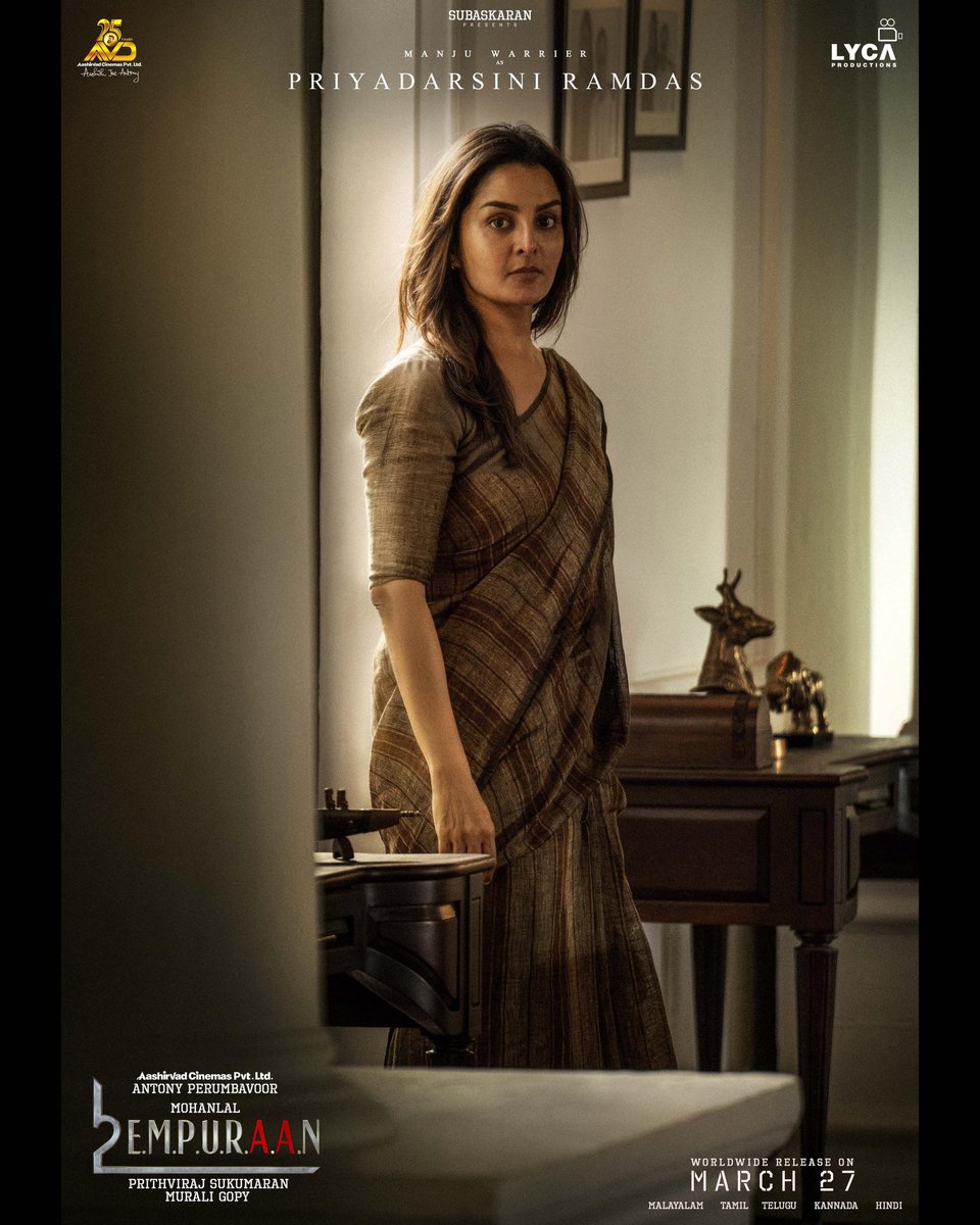 prakash velayudhan (@prakash_dop) on Twitter photo X:
Character No.05
Manju Warrier as Priyadarsini Ramdas in #L2E #EMPURAAN
youtu.be/NOFjJdM-oes
Malayalam | Tamil | Hindi | Telugu | Kannada
#March27
<a href="/mohanlal/">Mohanlal</a>
<a href="/PrithviOfficial/">Prithviraj Sukumaran</a> #muraligopy <a href="/antonypbvr/">Antony Perumbavoor</a> <a href="/aashirvadcine/">Aashirvad Cinemas</a> <a href="/Subaskaran_A/">Allirajah Subaskaran</a> <a href="/LycaProductions/">Lyca Productions</a> <a href="/gkmtamilkumaran/">GKM Tamil Kumaran</a> X:
Character No.05
Manju Warrier as Priyadarsini Ramdas in #L2E #EMPURAAN
youtu.be/NOFjJdM-oes
Malayalam | Tamil | Hindi | Telugu | Kannada
#March27
<a href="/mohanlal/">Mohanlal</a>
<a href="/PrithviOfficial/">Prithviraj Sukumaran</a> #muraligopy <a href="/antonypbvr/">Antony Perumbavoor</a> <a href="/aashirvadcine/">Aashirvad Cinemas</a> <a href="/Subaskaran_A/">Allirajah Subaskaran</a> <a href="/LycaProductions/">Lyca Productions</a> <a href="/gkmtamilkumaran/">GKM Tamil Kumaran</a>