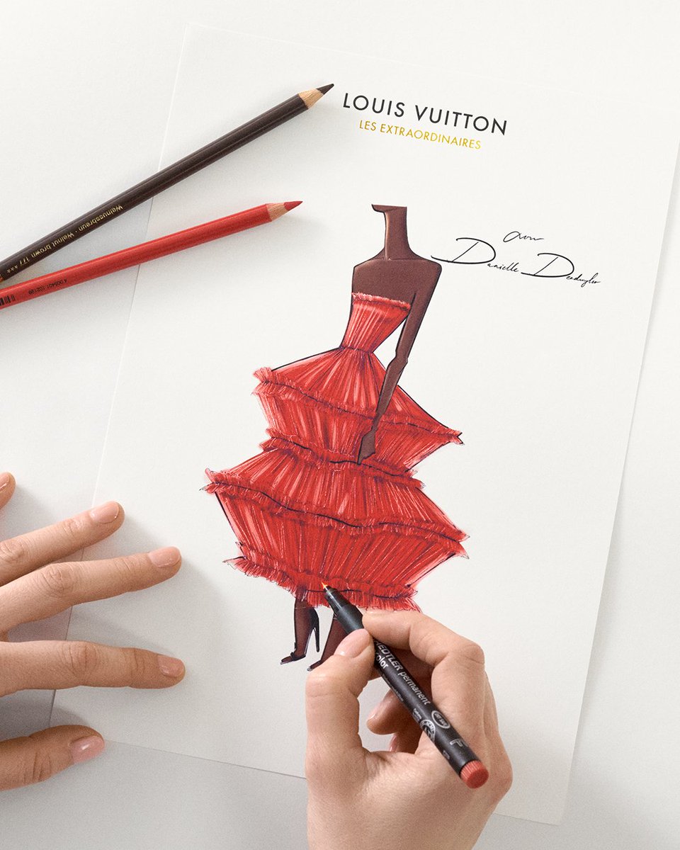 LouisVuitton's tweet image. The red, hand-pleated tulle bustier gown features conic section layers, ruched seam details, and an invisible lightweight internal structure for an architectural shape — hand crafted with Louis Vuitton&apos;s esteemed savoir-faire.

#DanielleDeadwyler #NicolasGhesquiere #LouisVuitton