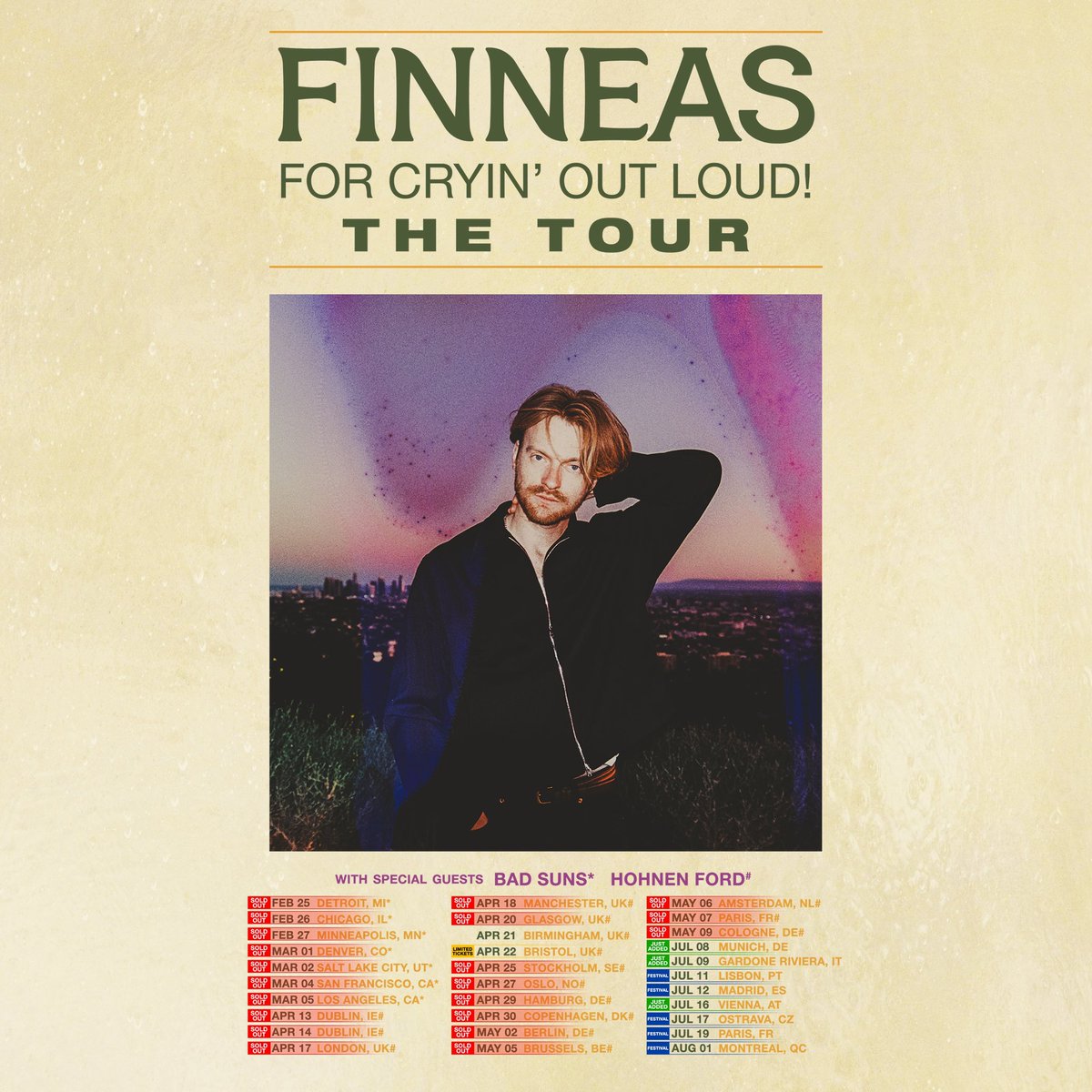 3 new dates added in Europe on the tour! Sign up for my mailing list on finneasofficial.com to receive the fan presale code tomorrow. General sale starts this Friday, Feb 28. Thanks for selling all these shows out- can’t wait to see more of you soon