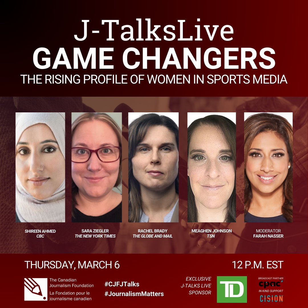 📢 While 2 in 3 Canadians are fans of women’s sports, over 90 per cent of sports media still focuses on men. Join our #CJFJTalks Live event Game Changers on March 6 for a panel on how women are rewriting the playbook in sports coverage.

Register: app.vvc.live/register/lives…
