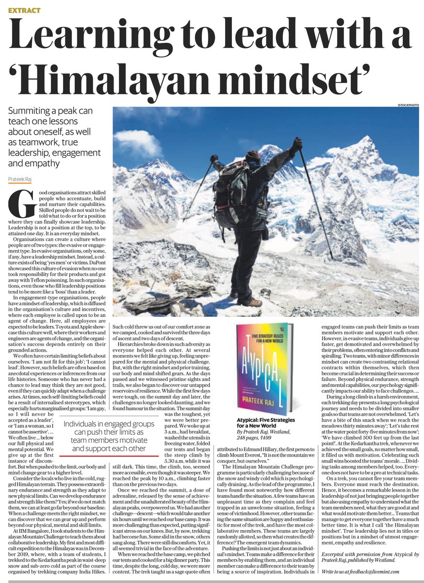 "Leadership is not a position at the top, to be attained one day. It is an everyday mindset." An excerpt on "Himalayan mindset" in <a href="/livemint/">Mint</a> from Prateek Raj's book Atypical. 

<a href="/WestlandBooks/">Westland Books</a> <a href="/Indiahikes/">Indiahikes</a>