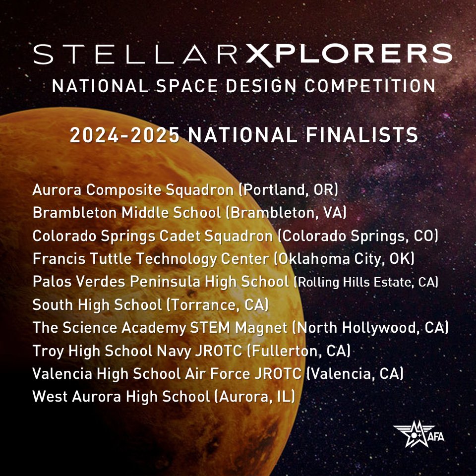 AFA StellarXplorers (@afa_stlx) on Twitter photo Congrats to the 2024-2025 StellarXplorers National Finalists! This year's lineup includes the first-ever middle school team, the first-ever all-female team, and the first-ever Navy JROTC unit to qualify. They'll compete April 23-25 in Denver, CO.
<a href="/AFA_Air_Space/">Air & Space Forces Association</a> #STEM #Education Congrats to the 2024-2025 StellarXplorers National Finalists! This year's lineup includes the first-ever middle school team, the first-ever all-female team, and the first-ever Navy JROTC unit to qualify. They'll compete April 23-25 in Denver, CO.
<a href="/AFA_Air_Space/">Air & Space Forces Association</a> #STEM #Education