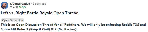 Praetorian24's tweet photo. @reddit_lies It's funny how r/conservative does massive debate threads all the time w leftists

Which is just a cucked concept because whole of reddit bars them everywhere but this subreddit, thousands of bad-faith leftist come in and just propagandize and target the less ideological ones. https://t.co/FxJfM6pFO0