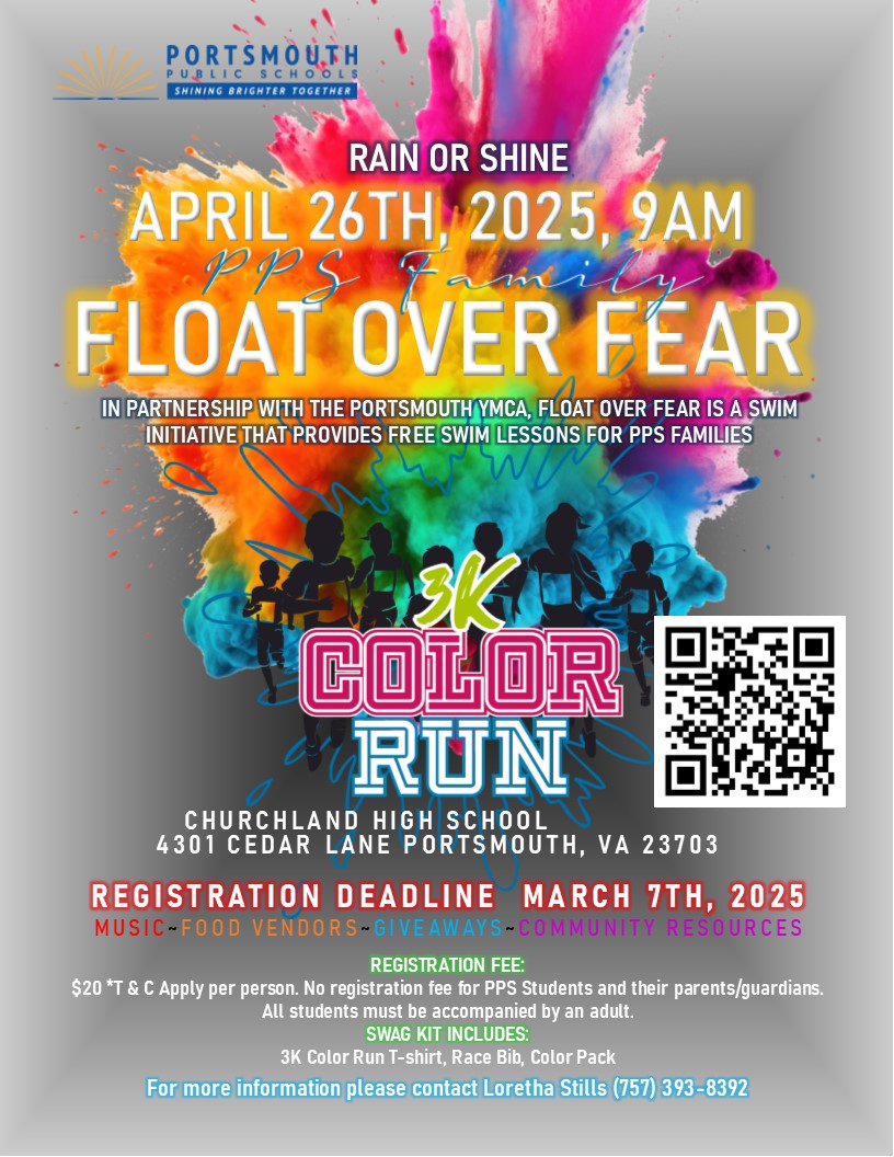 Velverlee (@wms_liaison) on Twitter photo The Annual PPS Family Float Over Fear 3K Color Run is back! April 26th from 9:00am-11:00am at Churchland High School.  Color Run registration is now open until March 7th <a href="/cavalier_corner/">Cavalier Corner</a> <a href="/PortsVASchools/">Portsmouth Schools</a> <a href="/ebracyPPS/">Dr. Elie Bracy III</a> <a href="/mzamoreburden28/">Maurita L. Burden</a> <a href="/yvettepierce51/">@vettypee</a> The Annual PPS Family Float Over Fear 3K Color Run is back! April 26th from 9:00am-11:00am at Churchland High School.  Color Run registration is now open until March 7th <a href="/cavalier_corner/">Cavalier Corner</a> <a href="/PortsVASchools/">Portsmouth Schools</a> <a href="/ebracyPPS/">Dr. Elie Bracy III</a> <a href="/mzamoreburden28/">Maurita L. Burden</a> <a href="/yvettepierce51/">@vettypee</a>