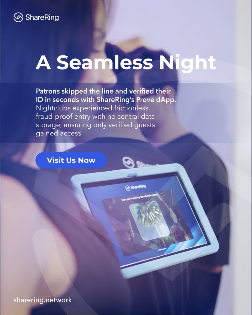A Night to Remember! ✨
Skip the line and verify your ID in seconds with ShareRing’s Prove dApp—secure, frictionless, and fraud-proof.

Download ShareRing Me now for a seamless experience!

#digitalme #private #secure #futureofentry #frictionlessexperience