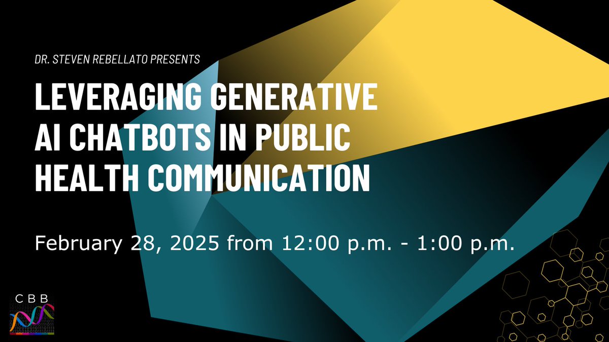 CBB (@waterloocbb) on Twitter photo There's still time to join #CBB and <a href="/UWaterlooSPHS/">UWaterloo School of Public Health Sciences</a> on Feb. 28 for an online lecture by Dr. Steven Rebellato. We'll dive into how AI chatbots are transforming public health by enhancing accessibility, efficiency, and service delivery.
Register: bit.ly/4h9EYun There's still time to join #CBB and <a href="/UWaterlooSPHS/">UWaterloo School of Public Health Sciences</a> on Feb. 28 for an online lecture by Dr. Steven Rebellato. We'll dive into how AI chatbots are transforming public health by enhancing accessibility, efficiency, and service delivery.
Register: bit.ly/4h9EYun