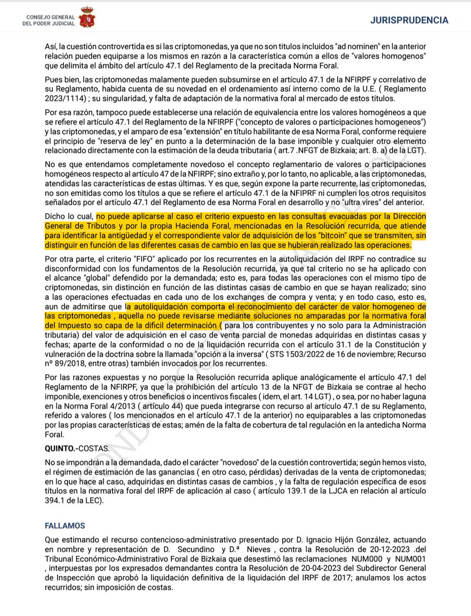 📌 STSJ País Vasco sobre tributación en IRPF de #Bitcoin y #criptomonedas. La Sentencia contradice a la DGT y niega que se les califique de valores homogéneos (a efectos de límites de compensación de pérdidas) y el criterio FIFO. 👏👇