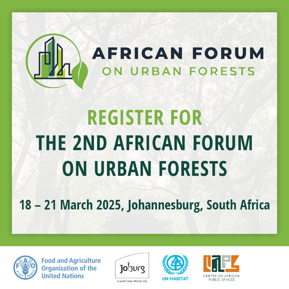 FAO Forestry (@faoforestry) on Twitter photo Register by 28 February for the 2nd African Forum on Urban Forests!
📍18-21 March 2025, Johannesburg, South Africa
🔗afuf.co.za
#AFUF2025
<a href="/FAOAfrica/">FAO in Africa</a> <a href="/FAOSouthAfrica/">FAOSouthAfrica</a> <a href="/CityofJoburgZA/">City of Joburg</a> <a href="/African_Spaces/">The Centre on African Public Spaces (CAPS)</a> <a href="/UNHABITAT_ROAF/">UN-Habitat Africa</a> Register by 28 February for the 2nd African Forum on Urban Forests!
📍18-21 March 2025, Johannesburg, South Africa
🔗afuf.co.za
#AFUF2025
<a href="/FAOAfrica/">FAO in Africa</a> <a href="/FAOSouthAfrica/">FAOSouthAfrica</a> <a href="/CityofJoburgZA/">City of Joburg</a> <a href="/African_Spaces/">The Centre on African Public Spaces (CAPS)</a> <a href="/UNHABITAT_ROAF/">UN-Habitat Africa</a>