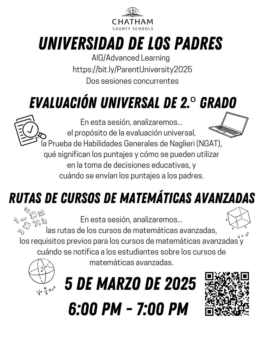 Universidad virtual para padres, 3/5/25, de 6:00 a 7:00. Únase a nosotros para hablar sobre la evaluación universal y las vías avanzadas de matemáticas. Regístrese para recibir un enlace de Zoom el día de la reunión para asistir: bit.ly/ParentUniversi…