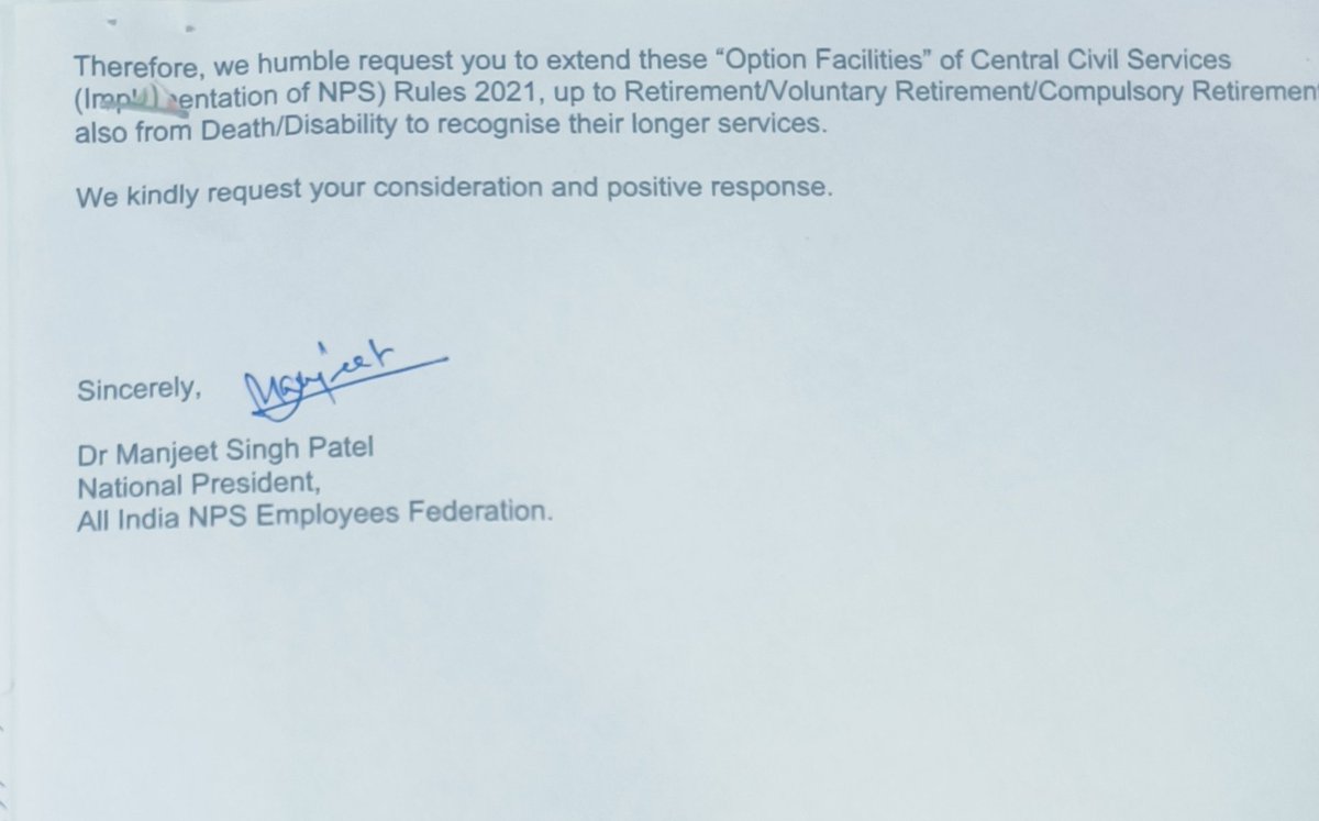 हर हाल में होगी बहाल #OPS 
कार्मिक मंत्रालय, भारत सरकार के आमंत्रण पर आज अपने प्रतिनिधिमंडल के साथ #OPS बहाली मुद्दे पर अपने सुझाव रखने मीटिंग में पहुंचा और दो स्पष्ट मांगें रखीं और 
पहली:- सेवानिवृत्ति, स्वैच्छिक सेवानिवृत्ति और अनिवार्य सेवानिवृत्ति के सभी मामलों में कर्मचारी