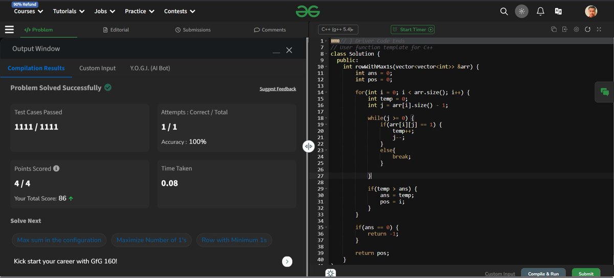 AbhiRadadiya30's tweet image. 🚀 Problem 31/500: Row with Max 1s 🚀

Given a sorted 2D binary array, find the index of the first row with the maximum number of 1s. If no such row exists, return -1.

#DSA #Coding #365dayscode