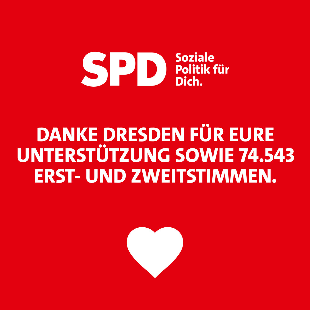 Danke für alles. ❤️ Für 74.543 Erst- und Zweitstimmen in Dresden, die vielen tollen Gespräche mit den Dresdnerinnen und Dresdnern und die großartige Unterstützung, die wir im Wahlkampf erfahren durften. (1/6)

#dankefüralles #Dresden #BTW25 #SPD #bundestagswahl