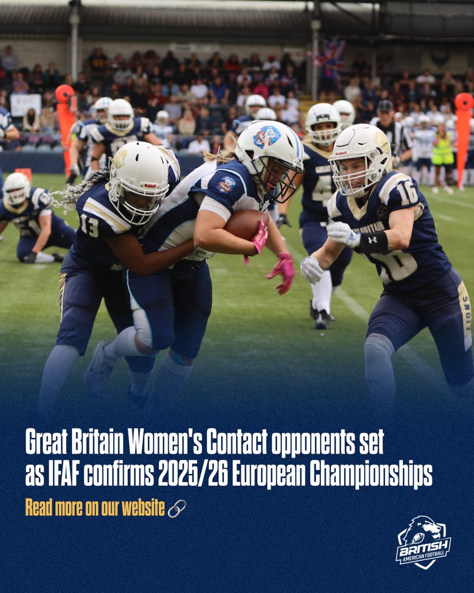 BAFAOfficial's tweet image. The Great Britain Women’s Contact team are set to challenge reigning champions Spain, along with Finland and Germany, in the upcoming 2025/26 IFAF Women’s European Championships 🏆
Venues and dates of GB home fixtures will be confirmed in due course
britishamericanfootball.org/2025/02/gb-wom…