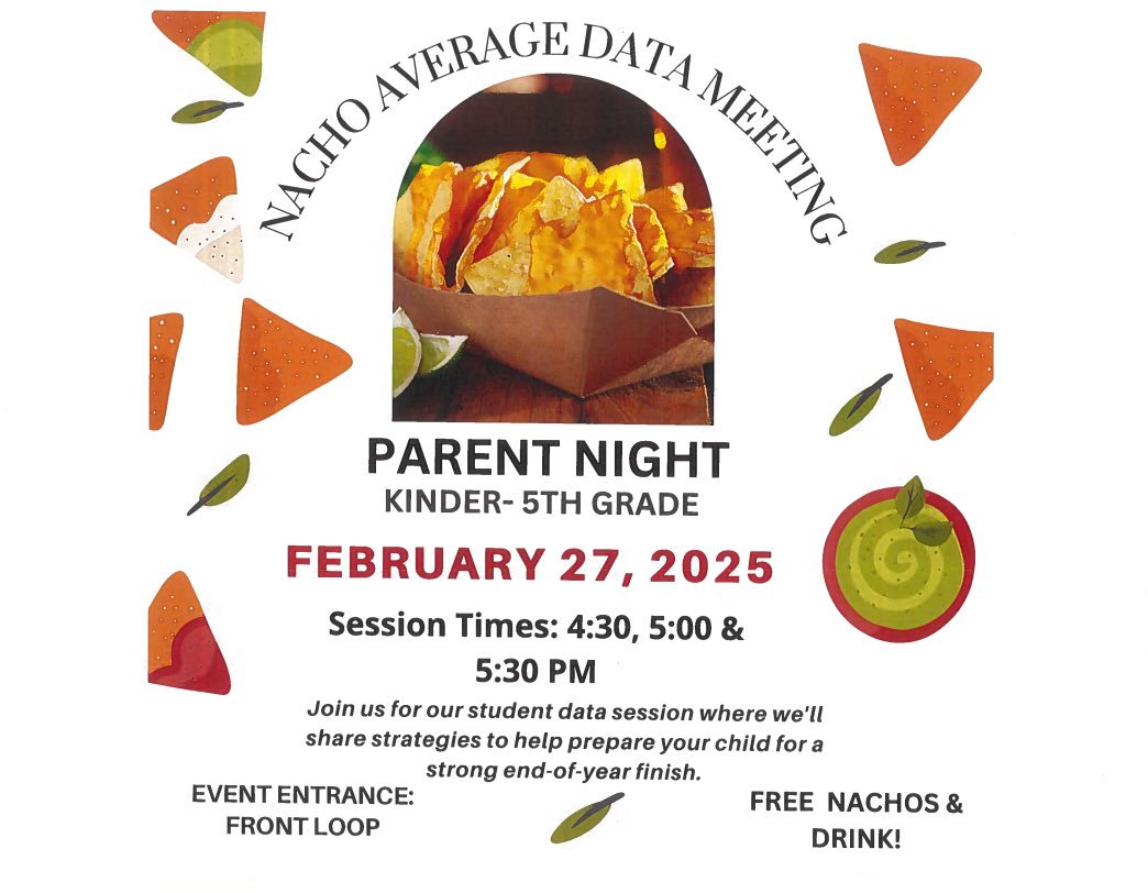 Happy Monday <a href="/RooseveltDLA/">Roosevelt Dual Language Academy</a> families! Don’t forget to join us this Thursday for a NACHO AVERAGE DATA Meeting! Hope to see you there! 🧀📈📉🤩
<a href="/EISDFE/">George Garnica</a> <a href="/EdelyOlvera/">Edely Olvera</a> <a href="/mnavarro23_e/">M. Esquivel</a>