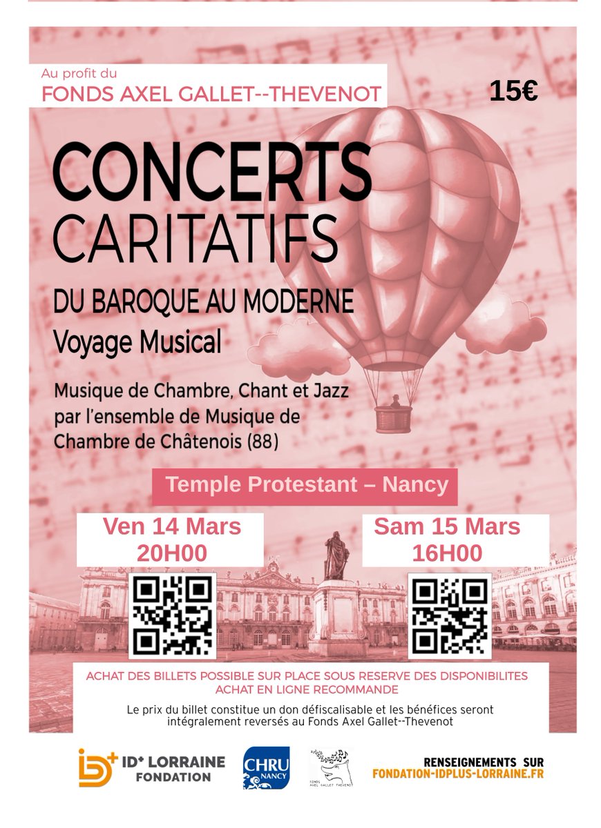 🎶 L'Ensemble de Musique de Chambre de Châtenois est ravi de vous proposer deux concerts caritatifs "Du baroque au moderne", les 14 et 15 mars à Nancy, dont les bénéfices seront reversés au fonds Axel Gallet-Thevenot !
Plus d'informations et inscription 👉 bit.ly/3CVxgoO