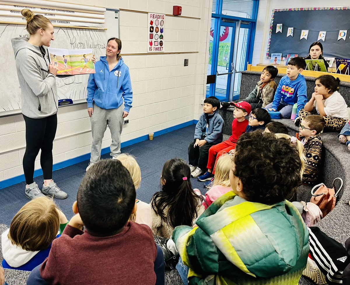 On the “Heels” of their win over Virginia Tech, UNC Women’s Basketball players Alyssa Ustby and Sydney Barker visited the Seawell library to read a book about Olympic track and field star Wilma Rudolph playing basketball to Seahawk 1st graders!