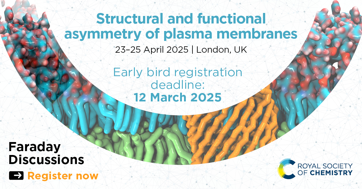 Royal Society of Chemistry (@roysocchem) on Twitter photo Early bird registration for our <a href="/Faraday_D/">Faraday Discussions</a> #FD_Membranes is 12 March. Join us for a unique discussion to explore new advances in the understanding of lipid asymmetry and its coupling to protein function.
Register now to save Β£50: rsc.li/3CPv7ei Early bird registration for our <a href="/Faraday_D/">Faraday Discussions</a> #FD_Membranes is 12 March. Join us for a unique discussion to explore new advances in the understanding of lipid asymmetry and its coupling to protein function.
Register now to save Β£50: rsc.li/3CPv7ei
