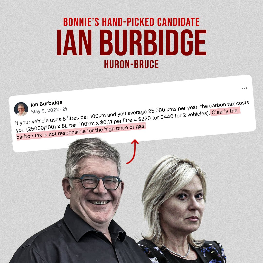 PCPressOffice's tweet image. Ian Burbridge, Bonnie's candidate in Huron-Bruce, says that the carbon tax isn't responsible for the high price of gas.