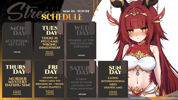 THIS WEEK'S SCHEDULE!✨⚔️(FEB 24 - MARCH 2)  
i-it's not like i like you, or anything >:( edition 
? carmellaco