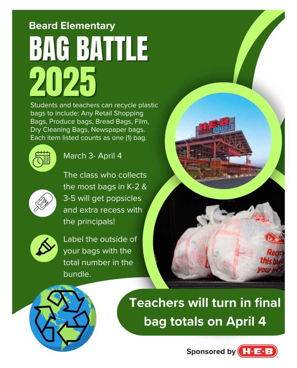 We will be collecting plastic sacks through March 3 -April 4 to turn into HEB to recycle, and if we turn in the most in the area, we could win a $500 HEB gift card! If you have plastic bags we’d love to take them off of your hands to benefit our school!!