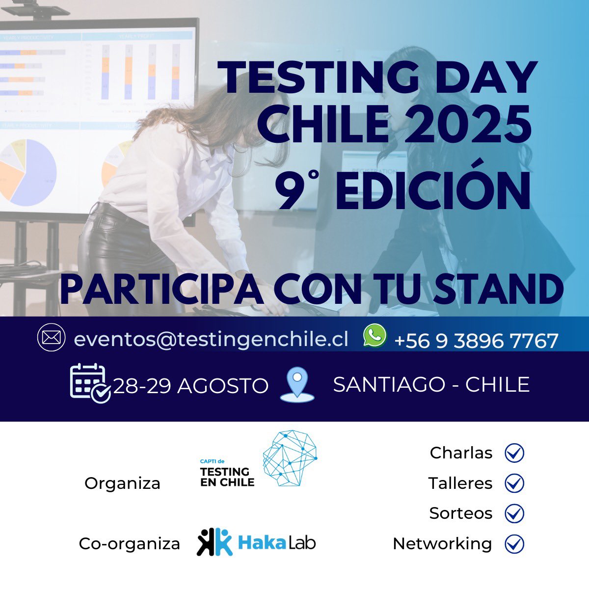 🎯 ¡Lleva tu marca al siguiente nivel en el Testing Day Chile 2025! 🚀 

Únete a la 9° edición del evento líder en Calidad de Software y participa con tu stand. Una oportunidad única para: 

Contáctanos para más información:   

+56 9 3896 7767   📩 eventos@testingenchile.cl
