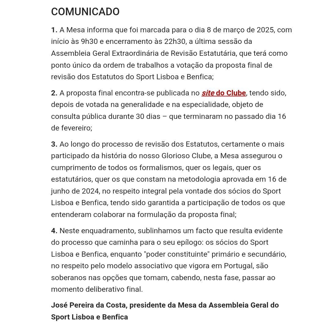▶️ Comunicado do Presidente da Mesa da Assembleia do Sport Lisboa e Benfica