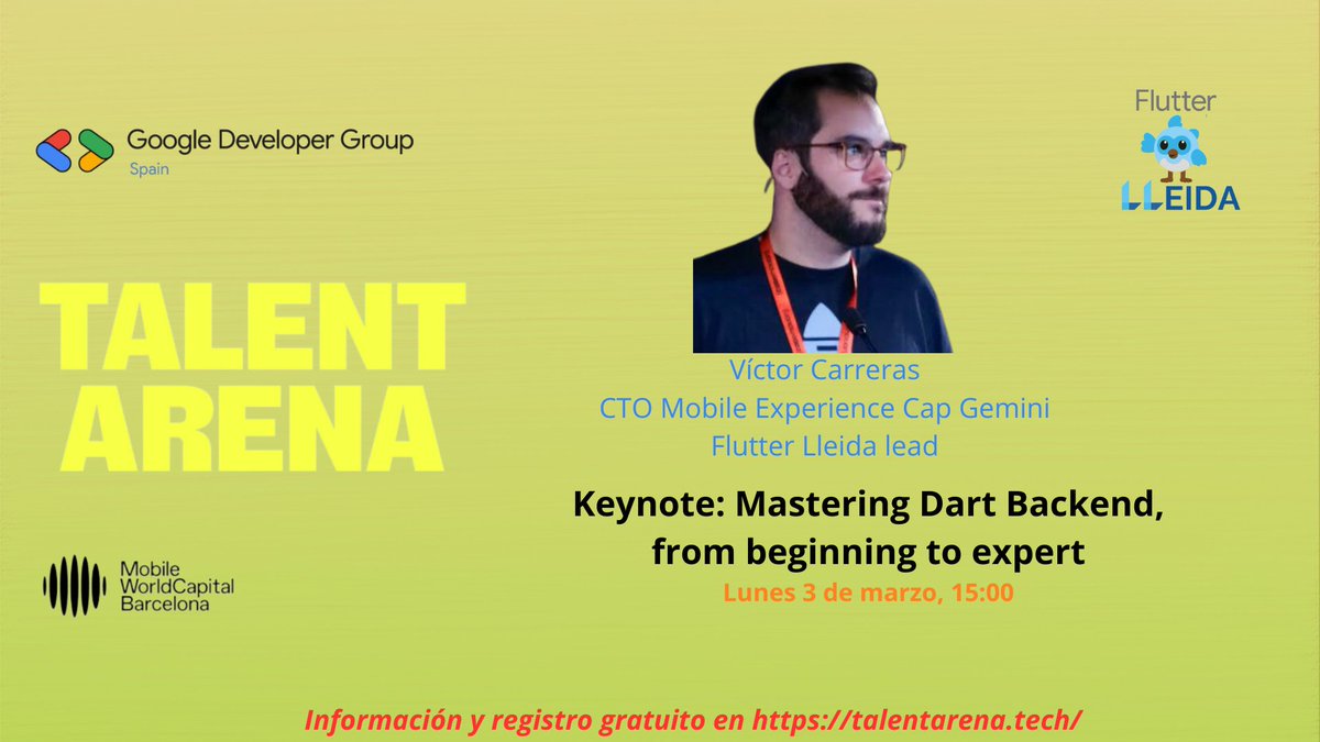Our <a href="/GoogleDevExpert/">@GoogleDevExpert</a> Alfredo and Mario will run several workshops on #BuildwithAI Cloud and Flutter, and our <a href="/FlutterLleida/">FlutterLleida</a> lead Víctor Carreras will run a keynote on "Mastering Dart Backend: From beginning to expert "