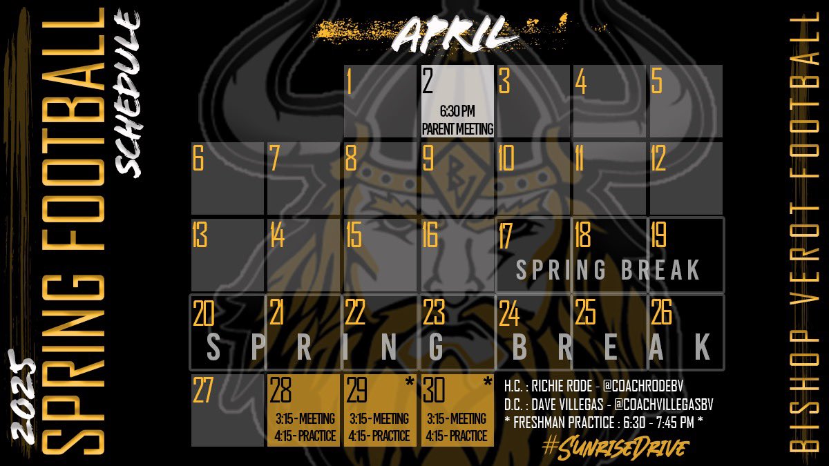 CoachCrouthamel's tweet photo. ‼️Attention College Coaches‼️

2025 Bishop Verot Football Spring Schedule

5598 Sunrise Dr. 
Fort Myers, FL
33919

#SunriseDrive https://t.co/tQ5yAV7STH