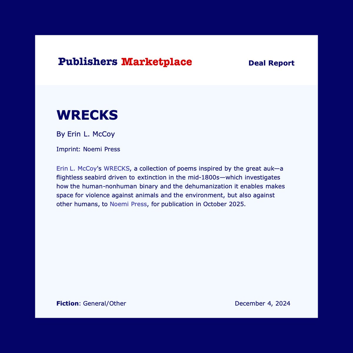 Erin L McCoy (@erinlmccoy) on Twitter photo Just eight months from now, my first book, WRECKS, finalist for the <a href="/Noemi_Press/">Noemi Press</a> Book Awards, will be out in the world!
I'm grateful to Noemi for believing in this book — <a href="/sargzem/">Sarah Gzemski</a>, Suzi F. Garcia, Anthony Cody, Mariah Bosch, and especially my amazing editor, <a href="/dianaarterian/">Diana Arterian</a>. ✨ Just eight months from now, my first book, WRECKS, finalist for the <a href="/Noemi_Press/">Noemi Press</a> Book Awards, will be out in the world!
I'm grateful to Noemi for believing in this book — <a href="/sargzem/">Sarah Gzemski</a>, Suzi F. Garcia, Anthony Cody, Mariah Bosch, and especially my amazing editor, <a href="/dianaarterian/">Diana Arterian</a>. ✨