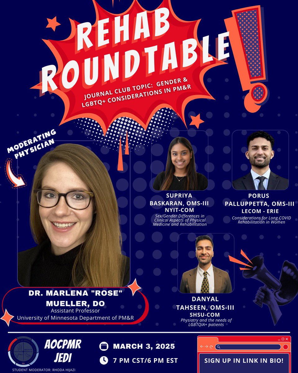 ✨ Last but not least in our Rehab Roundtable series… ✨

Join us on March 3rd at 7 PM CST for an important discussion on Gender &amp; LGBTQ+ Considerations! Three medical student presenters will explore recent articles, led by our moderator, Dr. Marlena ""Rose"" Mueller. 🔗 in bio!