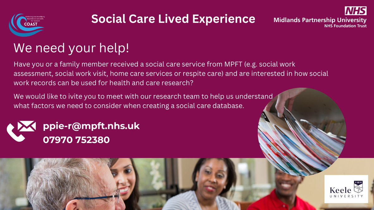 Midlands Partnership University NHS FT (@mpftnhs) on Twitter photo We are looking for people who have received a social work assessment or service or a relative of someone who has, to support our researchers throughout our project.
Please e-mail ppie-r@mpft.nhs.uk or ring 07970 b725380 for further information. We are looking for people who have received a social work assessment or service or a relative of someone who has, to support our researchers throughout our project.
Please e-mail ppie-r@mpft.nhs.uk or ring 07970 b725380 for further information.