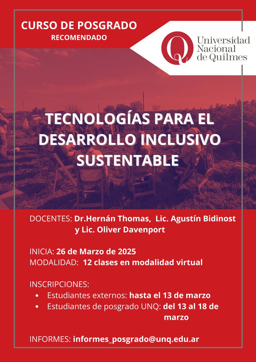 [FORMACIÓN]
#abiertainscripcion
Curso de posgrado 
TECNOLOGÍAS PARA EL DESARROLLO INCLUSIVO SUSTENTABLE  

💻Modalidad virtual
✅Inicia 26 de marzo 2025.

📍Para más info, consultar con Secretaria de Posgrado de la Universidad Nacional de Quilmes.