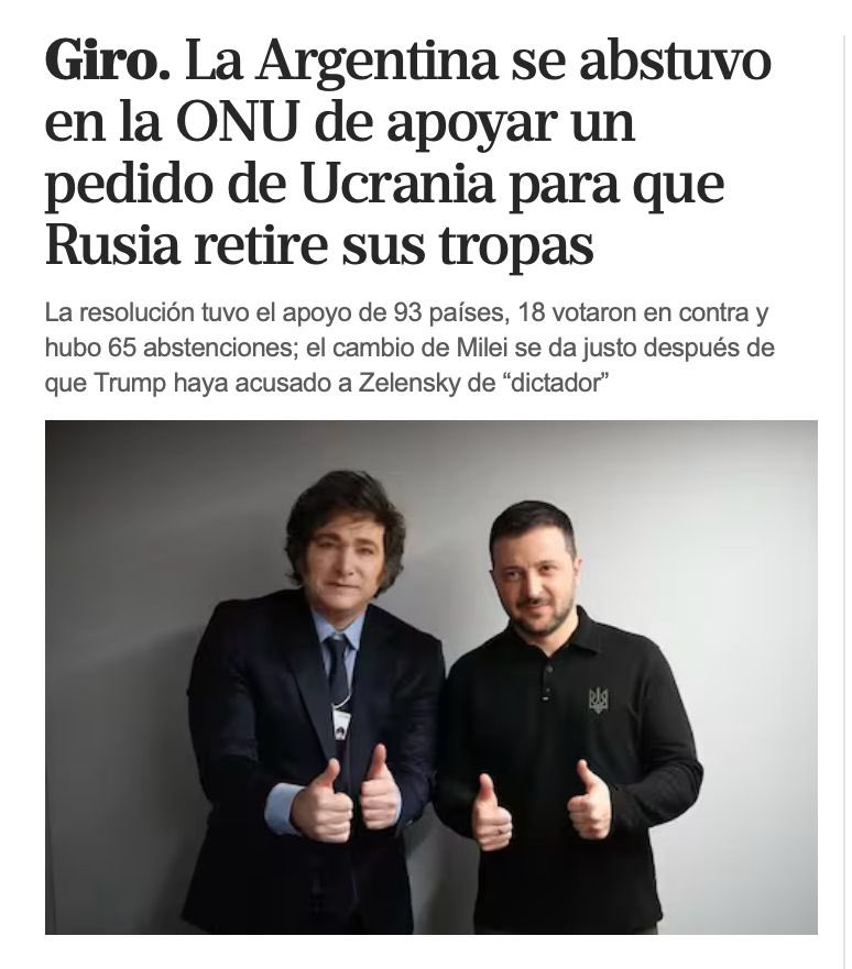 Stolbizer's tweet photo. LO QUE SE DICE UN LÍDER MUNDIAL
Por lo que estamos viendo, la política internacional de Milei se basa en: regalar motosierras, arrastrarse entre Trump y Putin, traicionar a Ucrania y, en el tiempo que queda, promocionar cripto estafas. https://t.co/USZgwYy8p6