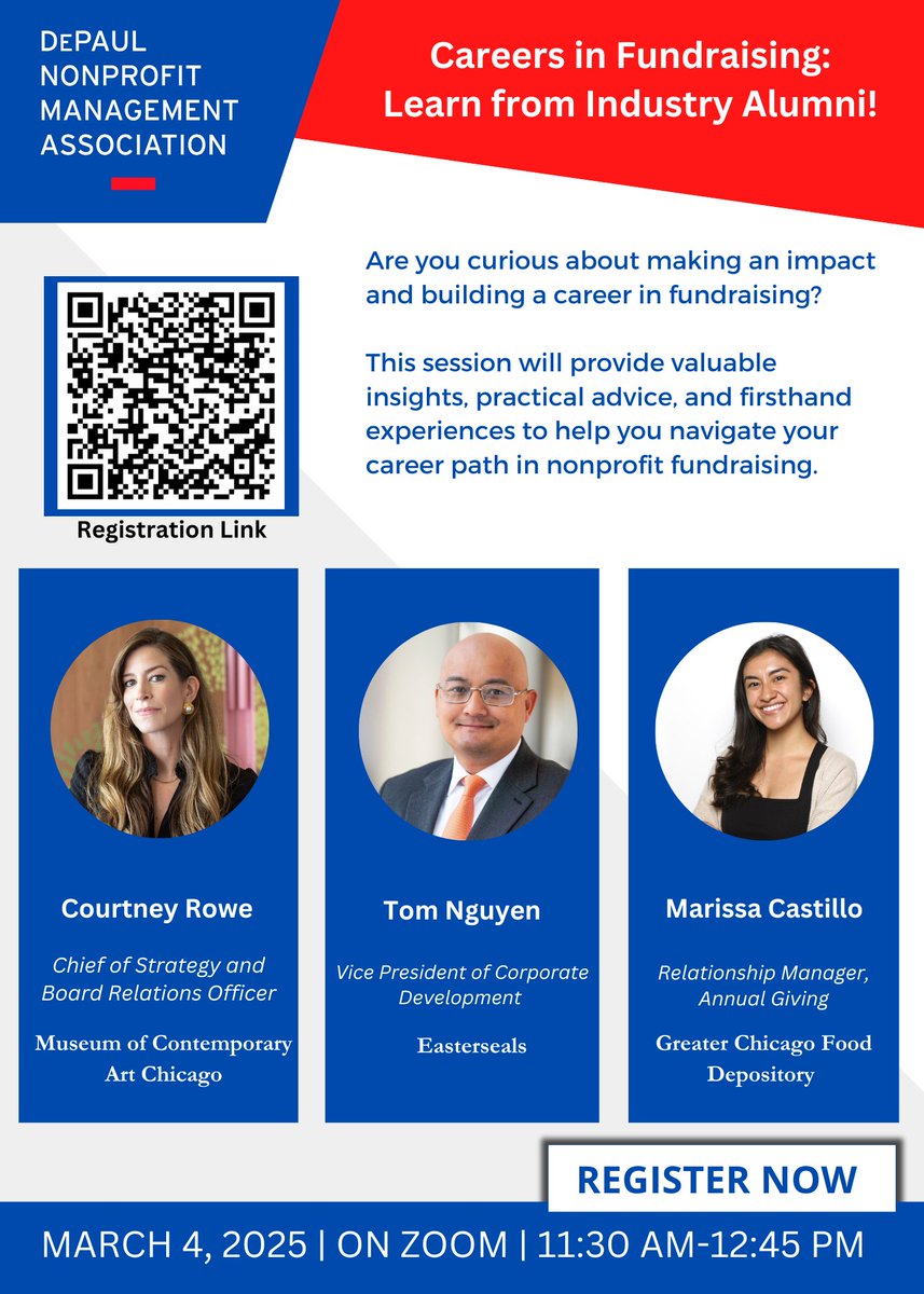 Join us on Tuesday, March 4, 2025, at 11:30 AM CST for an exciting online session where you’ll hear from successful DePaul alumni who have built impactful careers in fundraising.
 Register now: eventbrite.com/e/careers-in-f…