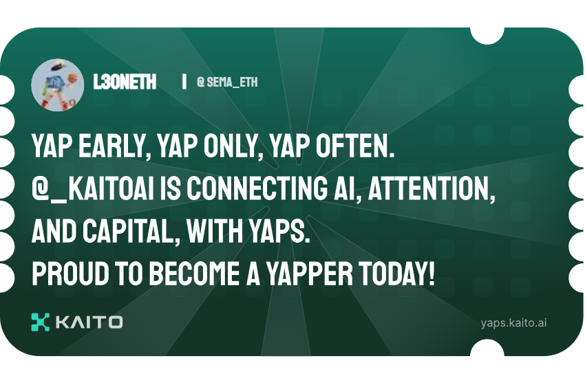 L3onEth | (@sema_eth) on Twitter photo Yap early, yap only, yap often.
<a href="/KaitoAI/">Kaito AI 🌊</a> is connecting AI, attention and capital with Yaps.
Just claimed my social card and I'm accumulating Yap points in real-time.
Claim yours 👉 yaps.kaito.ai/referral/15675… Yap early, yap only, yap often.
<a href="/KaitoAI/">Kaito AI 🌊</a> is connecting AI, attention and capital with Yaps.
Just claimed my social card and I'm accumulating Yap points in real-time.
Claim yours 👉 yaps.kaito.ai/referral/15675…