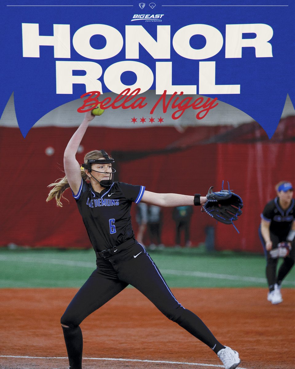 ⭐BIG EAST Honor Roll recognition for Bella⭐

17 strikeouts, 15.1 innings pitched, 2 wins, and a complete game for the junior pitcher!

#BlueGrit🔵😈