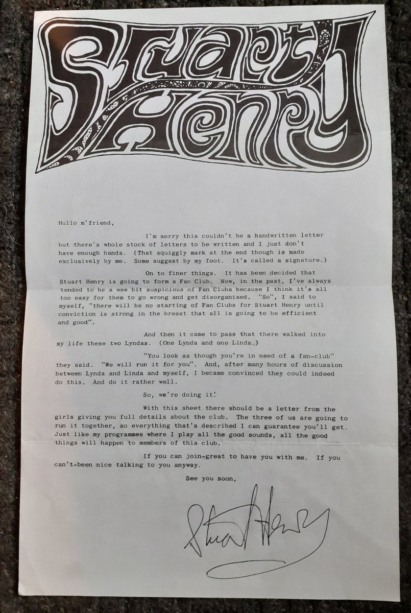 AndrewUllah's tweet photo. Remembering the great Stuart Henry. Born On This Day 1942. This letter is from my collection. Wonder if @CrowleyOnAir has ever thought of starting his own fan club? 😉 #StuartHenry @MikeReadUK @tonyblackburn https://t.co/0rBkoLFcKS