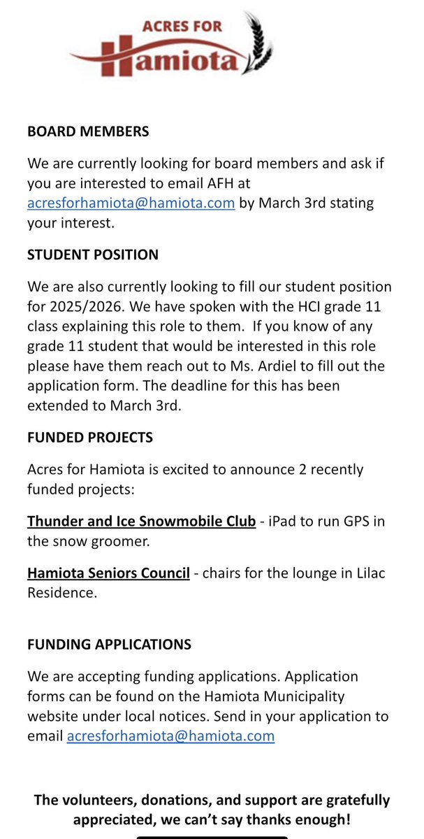 The deadline for new board members has been extended to March 3rd. Please reach out if you are interested.